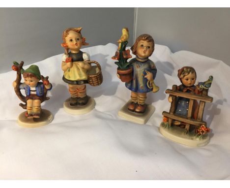FOUR WEST GERMAN HUMMEL FIGURES - CONRATULATIONS, GIRL STANDING AT FENCE TALKING TO BIRD, GIRL WITH BASKET, BOY SITTING ON A 