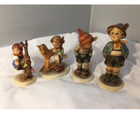 FOUR WEST GERMAN HUMMEL FIGURES - BOY WITH HANDS IN HIS POCKETS, PRAYER BEFORE BATTLE, APPLE TREE GIRL AND BROTHER 