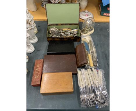 A QUANTITY OF FLATWARE TO INCLUDE KNIVES, FORKS, SPOONS, SOME BOXED PLUS A CARRIAGE CLOCK, BOXES, ETC 