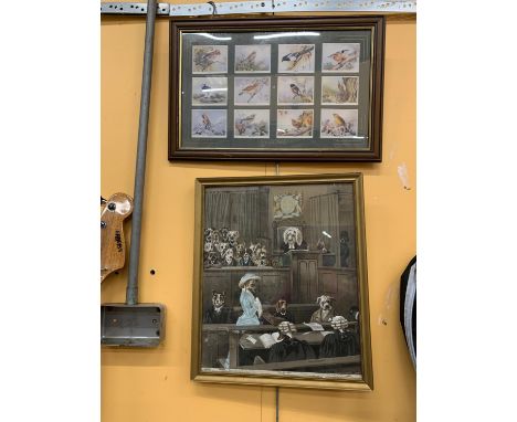 AN AFRICAN HARDWOOD FISHING SPEAR (LACKING BARBS) WITH DECORATIVE TIP AND TURNED WOOD DECORATION, LENGTH 221CM, FRAMED PRINT 