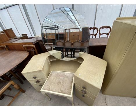 A LIMED OAK MID 20TH CENTURY DRESSING TABLE AND CABRIOLE LEG STOOL 