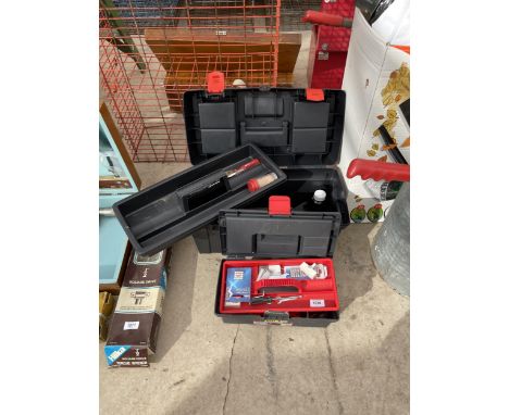 TWO PLASTIC TOOL BOXES CONTAINING VARIOUS TOOLS TO INCLUDE SCREW DRIVERS AND SPANNERS ETC 