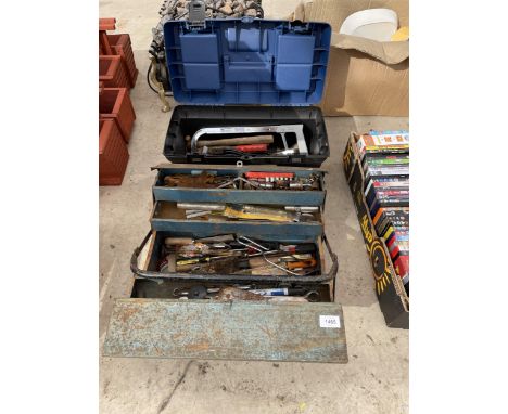 TWO TOOL BOXES CONTAINING AN ASSORTMENT OF TOOLS TO INCLUDE SOCKETS, SPANNERS AND A HACK SAW ETC 
