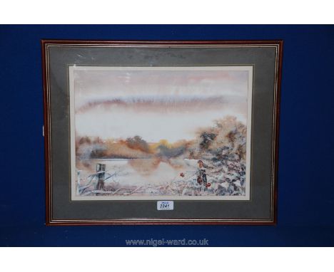 A Watercolour by R. Osborne 'Robin and Lake' scene. 15 1/4'' x 12''.
