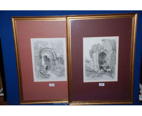 A pair of framed and mounted Etchings of ruins of architectural buildings, one with cattle, 9 1/2'' x 12 1/2''.
