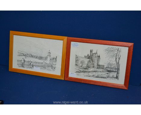Two Framed R Bramley Pen & Ink Reproductions of Welsh Scenes - Roath Park & Cardiff Castle.