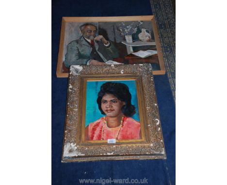 An Oil on board being Portrait of a lady in a pink dress and an Oil on board 'Sam Proctor doing The Guardian Crossword Puzzle