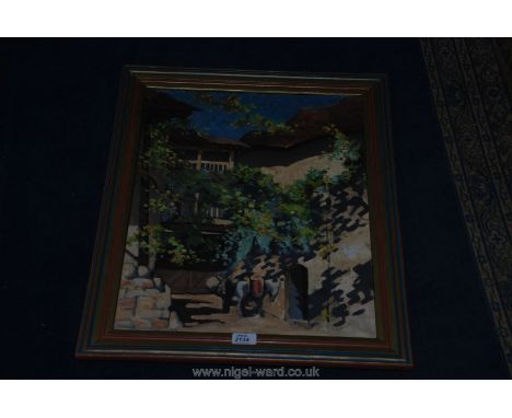 An Oil on canvas of a Spanish Hacienda with tethered Donkeys in dappled light, 53 x 42 cms