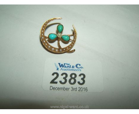 A 15ct Gold seed pearl and turquoise set Brooch