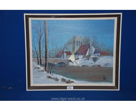An Oil on board 'The Village Church at Night', initialled lower right R.W (R. Wollerton), 19 1/2'' x 15 3/4''.