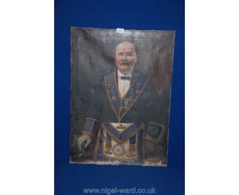 An unframed Oil on canvas of a three quarter length Portrait of a gentleman in full Free Mason regalia from The Eastern Divis