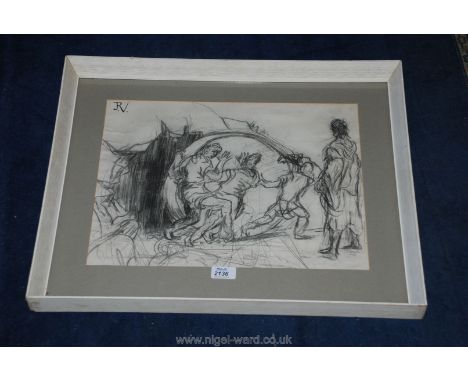 A mid century Pencil sketch of figures moving, signed R/V? top left, possibly French, 33 x 43 cms
