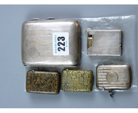 A silver cigarette case and a parcel of four silver/white metal vestas and a cigarette lighter