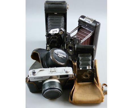 A bakelite Model B by Soho Ltd, London with brown bellows, an Eastman Kodak no. 1A pocket camera with black bellows and case 