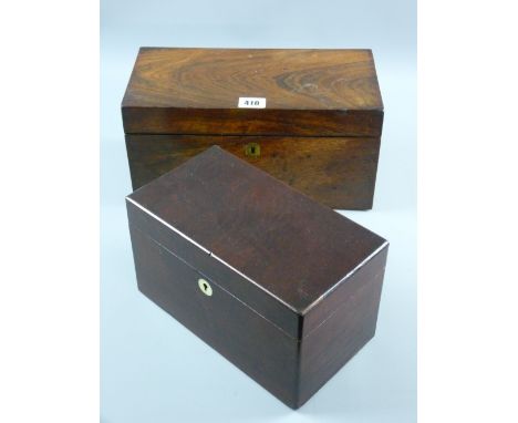 An early Victorian rosewood tea caddy of rectangular form with brass escutcheon, twin interior lidded canisters with central 