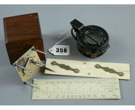 A white metal, possibly engineer's/architect's measuring gauge in a velvet lined rosewood box, applied plaque reads 'Register