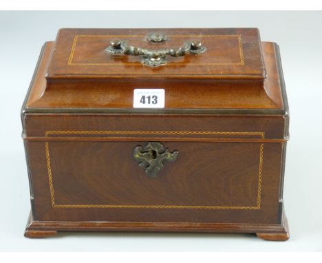 A 19th Century mahogany and inlaid tea caddy later fitted with multi-section interior, inverted curve edged top with brass ca
