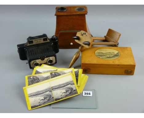 A Victorian mahogany stereoscope (front glass loose), a wooden hand held stereoscope (incomplete), a Coronet 3D camera with b