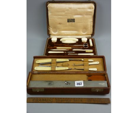 An ivory manicure set in a fitted case (one pair of scissors missing), a gent's shaving kit in a fitted case marked 'Finnigan