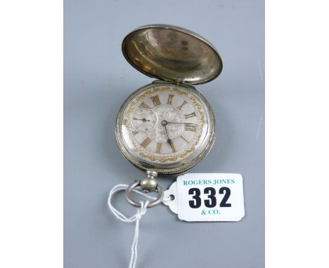 A gentleman's believed silver, key wind pocket watch having an attractive dial with yellow metal raised Roman numerals and a 