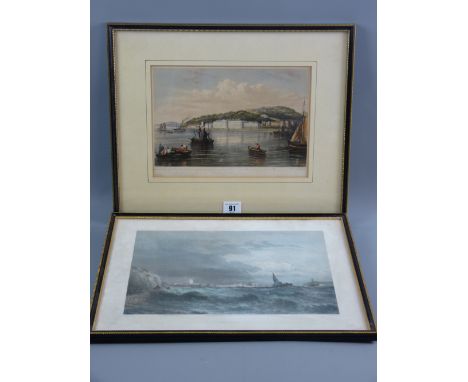 After DAVID COX coloured print of Beaumaris with boats in heavy seas, 29 x 38 cms and a 19th Century coloured lithograph of B