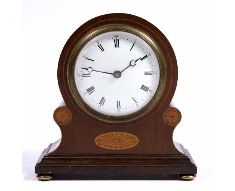 Mahogany inlaid mantel clock Edwardian, with white enamel dial, 20cm high