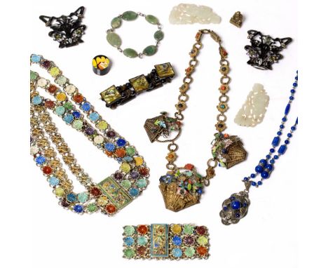 Collection of Chinese polychrome enamel jewellery including a necklace and bracelet, Chinese jade , brooches etc