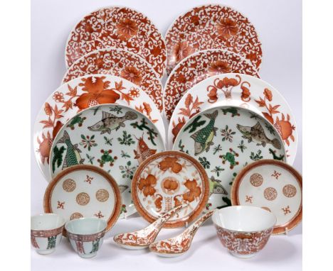 Small group of Chinese ceramics  to include a pair of iron red dishes, a pair of shallow bowls decorated with fish,Kangxi mar