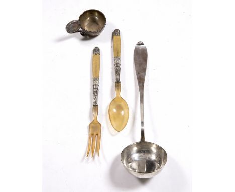 Continental white metal ladle a silver kovsh Russian hallmarks with inset coin handle dated 1883 and a pair of horn and white