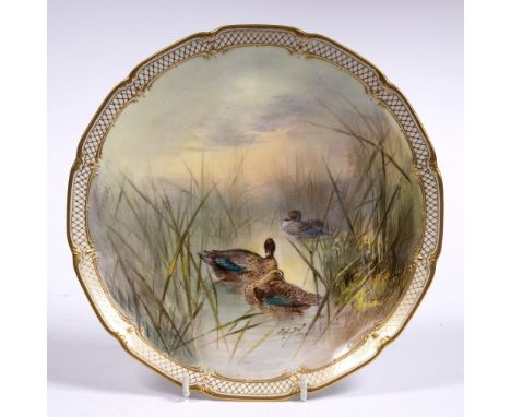 Royal Doulton cabinet plate painted by James Plant with a teal, signed, raised gold rim 22.5cm across