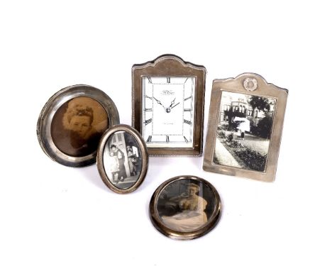 Silver mounted mantel clock by R. Carr, together with 2 silver photo frames and 2 others, stamped sterling