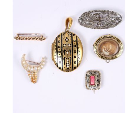 Gold bar brooch mourning brooches, a locket etc