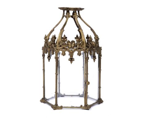 Gothic brass hall lantern late Victorian, with six glass panels, with mask head mounts and ogee arches, 62.5cm high x 32cm ac