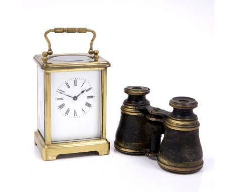 Brass carriage clock with loop handle, together with a pair of French gilt opera glasses
