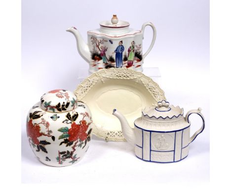 Newhall teapot  pattern 421, a creamware oval dish,a  Castleford  oval teapot, and a transfer printed ginger and cover (4)