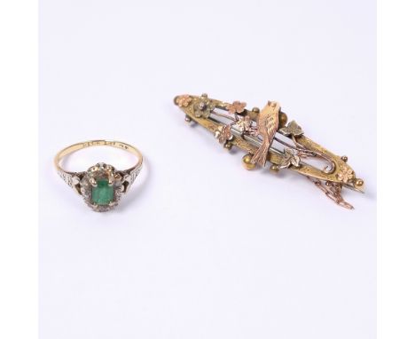 Emerald and diamond cluster ring and a 9ct gold bar brooch