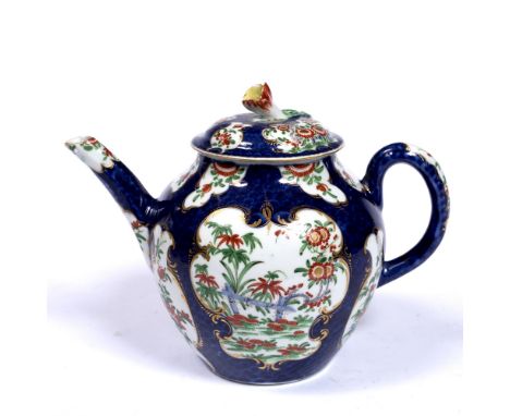 Worcester scale blue teapot and cover circa 1768-70, panels of 'Rich Kakiemon' plants and gilding, square mark in underglaze 