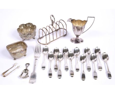 Small quantity of miscellaneous silver and plated wares including a silver jug, silver teaspoons, a plated toast rack, a cadd