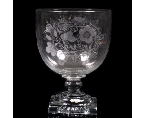 Large rummer with engraved cartouche reading Jos.Stone dated 1826, with floral engraved decoration on a baluster stem and squ