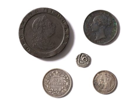 Two Celtic silver units Porcupine type (1st Cent BC), VF with 1797 2D, 1855 half D, 1865 shilling and 1887 6D fine