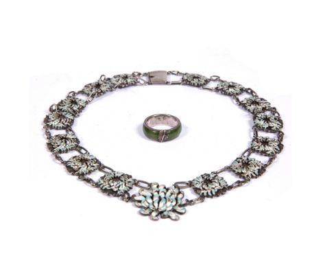 Chinese white metal and jade ring and a white metal and enamel link necklace