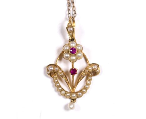 15ct gold pendant with pearl and ruby setting and a blue stone bar brooch (2)