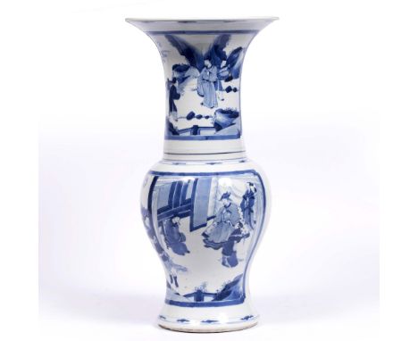 Chinese blue and white yen yen beaker vase  Kangxi (1662-1722)  decorated with four panels of figures in various gardens and 