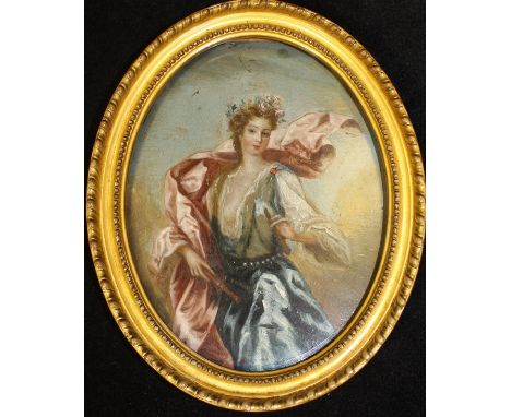 A FOLLOWER OF JEAN MARC NATTIER (1685-1766) "Lady as Euterpe", a portrait study of a lady holding pipes with flowers in her h
