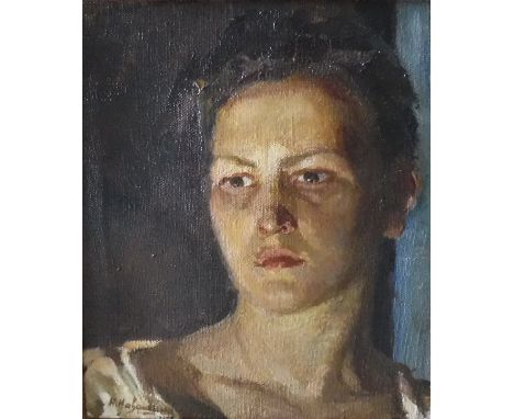 20TH CENTURY RUSSIAN SCHOOL "Woman in candlelight", a portrait study, head and shoulders, oil on canvas, signed bottom left, 