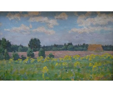 IVAN SERGEEVICH SOSHNIKOV (1914-1988) "August evening", a landscape study, oil on board, signed and dated '75 bottom left, in