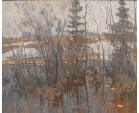 A FOMKIN (1924-1999) "The last snow", a wooded landscape study with buildings in background, oil on board, signed and dated '