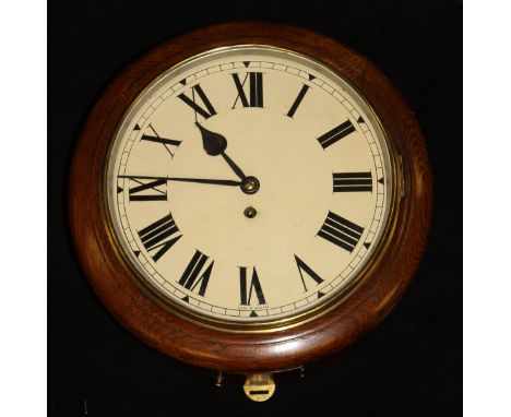 A 19th Century circular oak cased wall dial with fusée movement and Roman numerals to the circular enamel dial, 38.5 cm diame