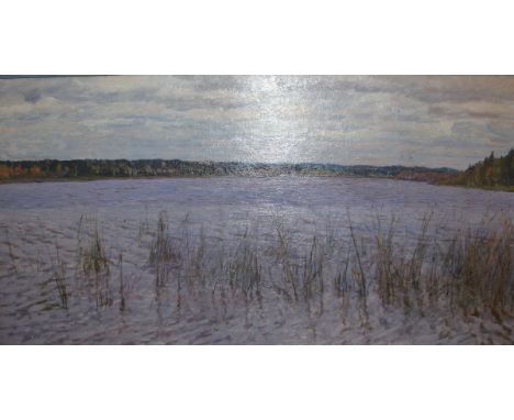 ALEXANDERLIECH FOMKIN (1924-1999) "Cranes fly", a lake landscape, oil on canvas, unsigned, inscribed verso and dated 1983, be
