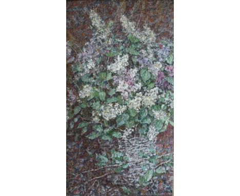 A. P GLYANDIN (b.1922) " Blue and White Lilacs" or "Flowers in a basket", a study, oil on board, indistinctly signed and date